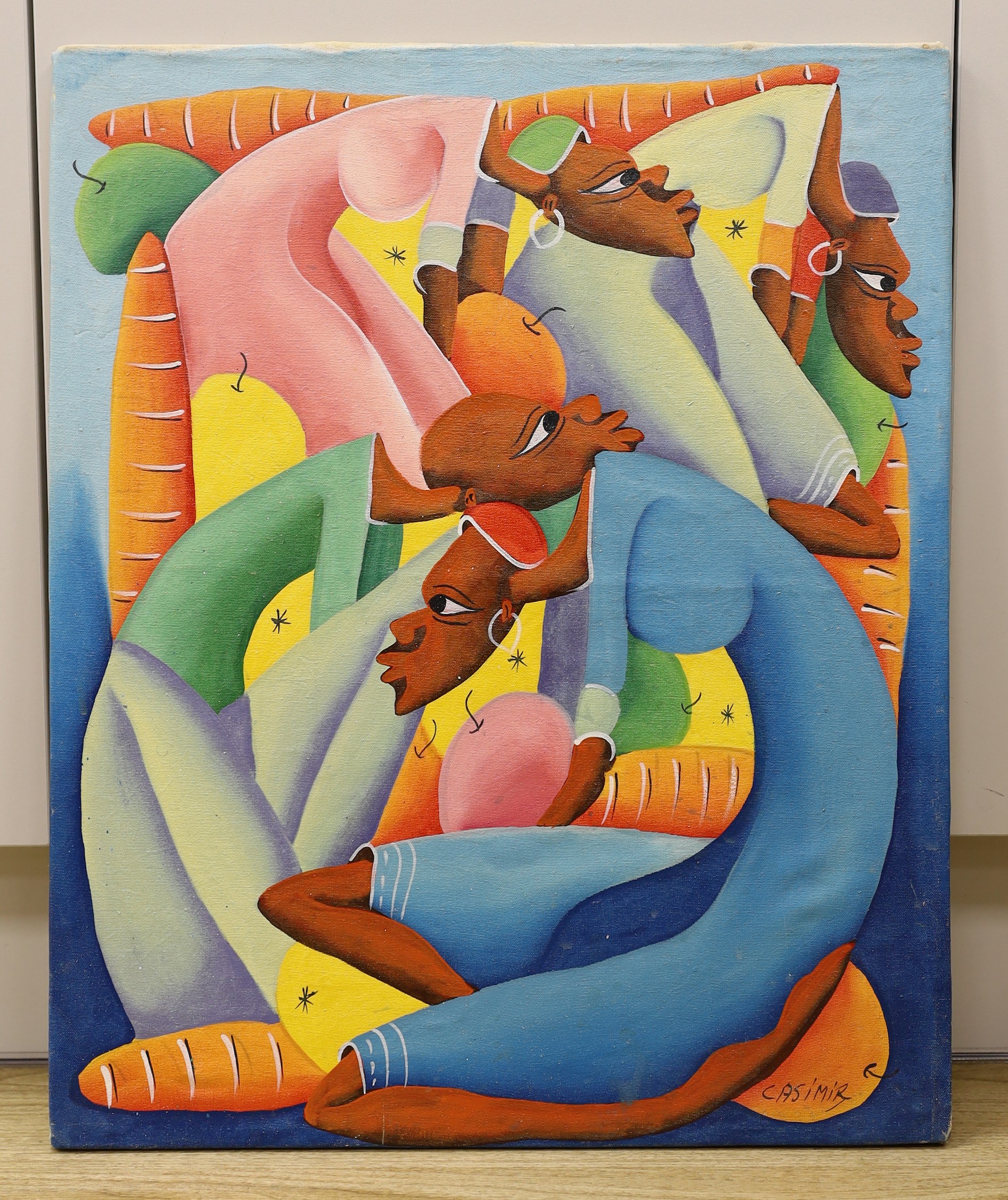 Laurent Casimir (1928-1990), oil on canvas laid on board, Fruit sellers, signed, 59 x 48cm, unframed